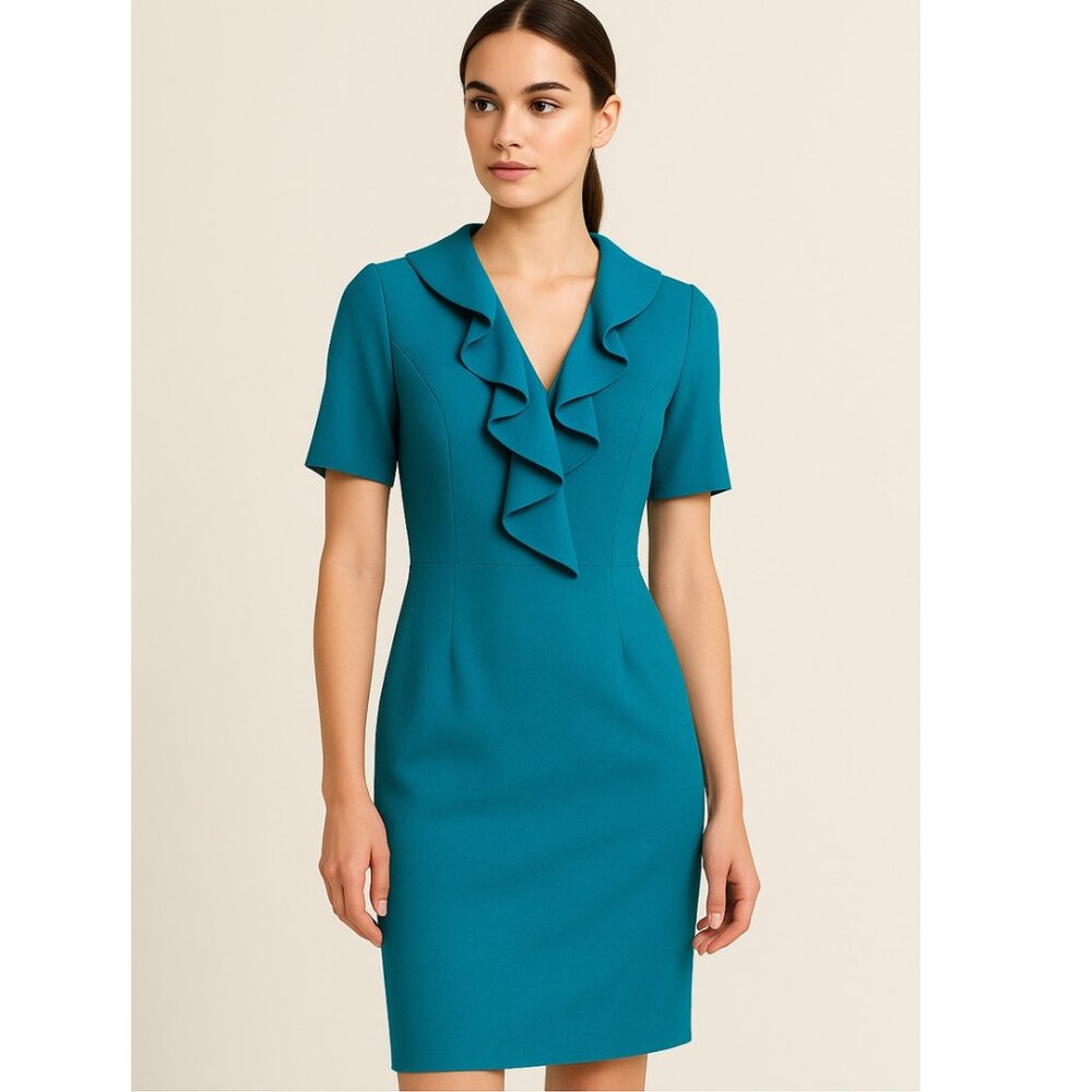 Paule Ka *NEW* Teal Structured Ruffle-Front Sheath Dress